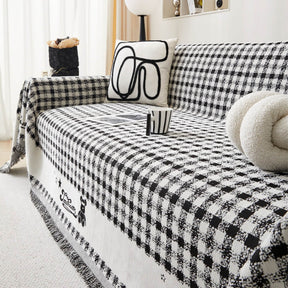 Housse de canapé en chenille motif vichy rétro avec franges décoratives