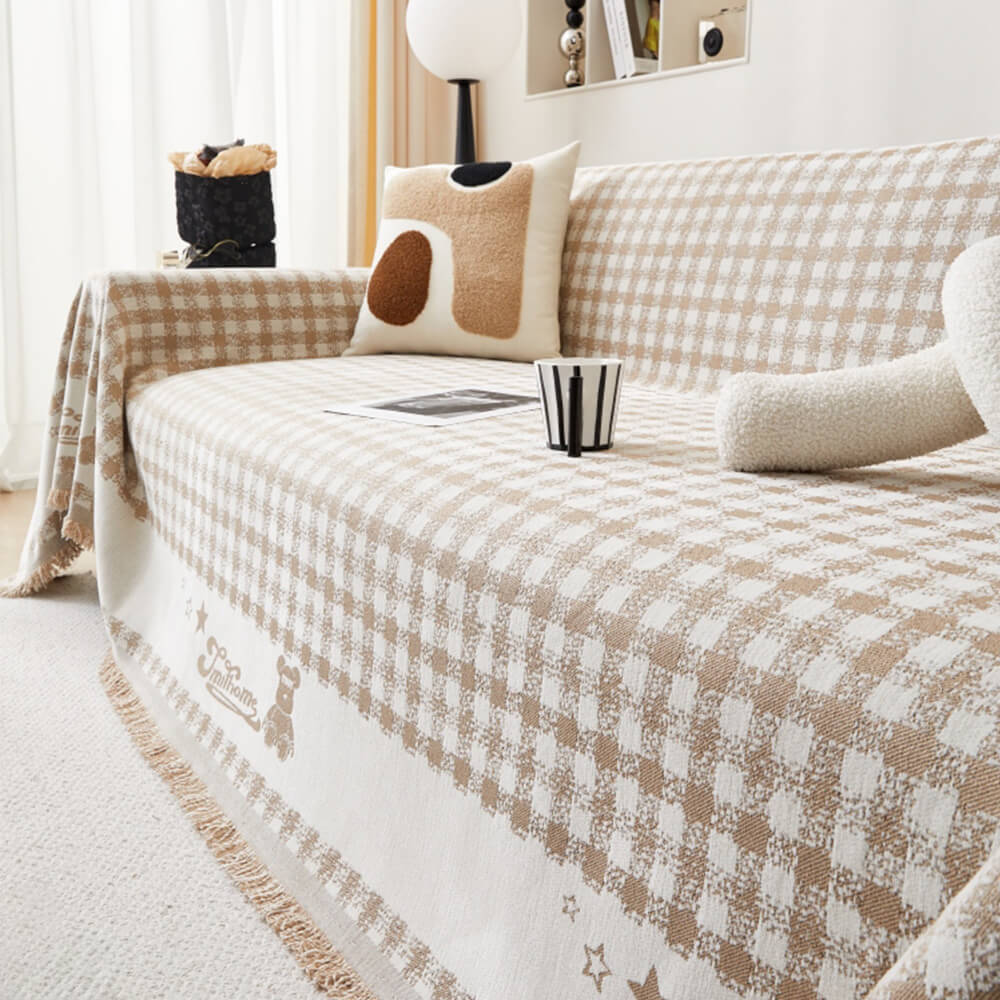 Housse de canapé en chenille motif vichy rétro avec franges décoratives