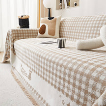 Housse de canapé en chenille motif vichy rétro avec franges décoratives