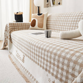 Housse de canapé en chenille motif vichy rétro avec franges décoratives