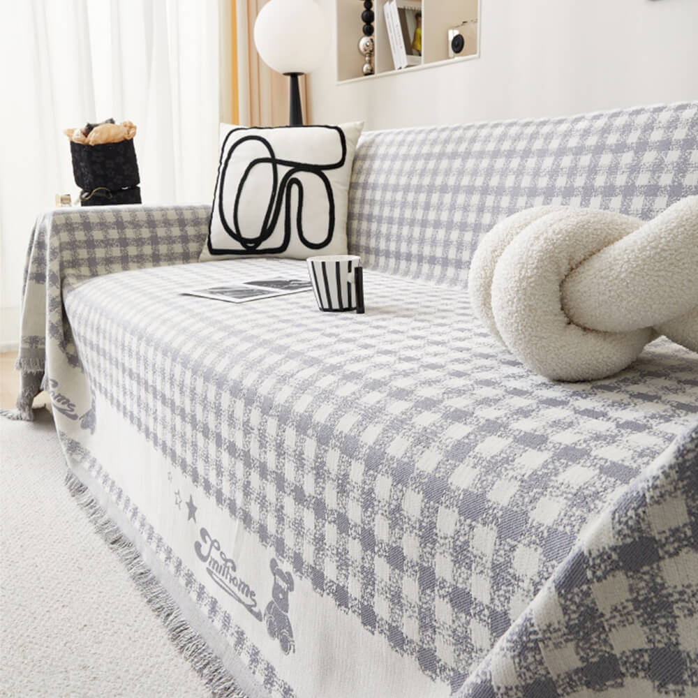Housse de canapé en chenille motif vichy rétro avec franges décoratives