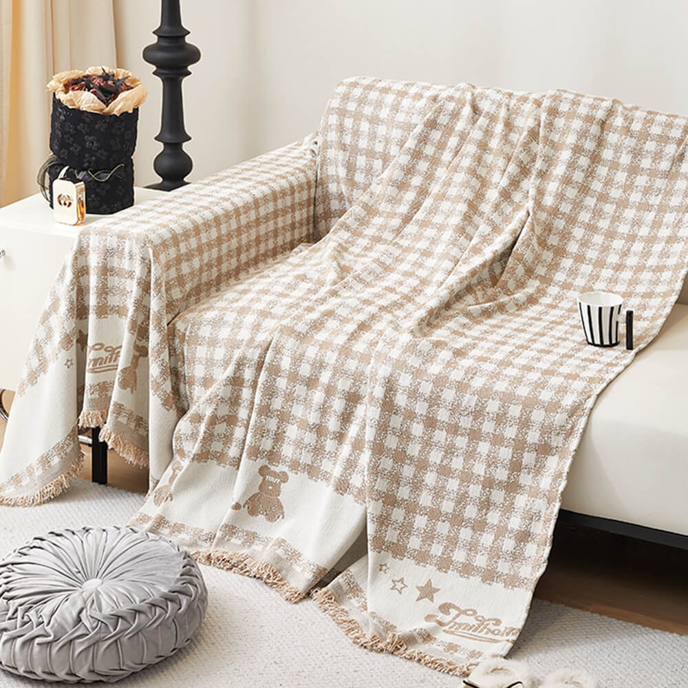 Housse de canapé en chenille motif vichy rétro avec franges décoratives