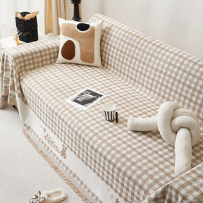 Housse de canapé en chenille motif vichy rétro avec franges décoratives