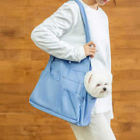 Sac de transport pour chien et chat en denim spacieux et résistant avec poches