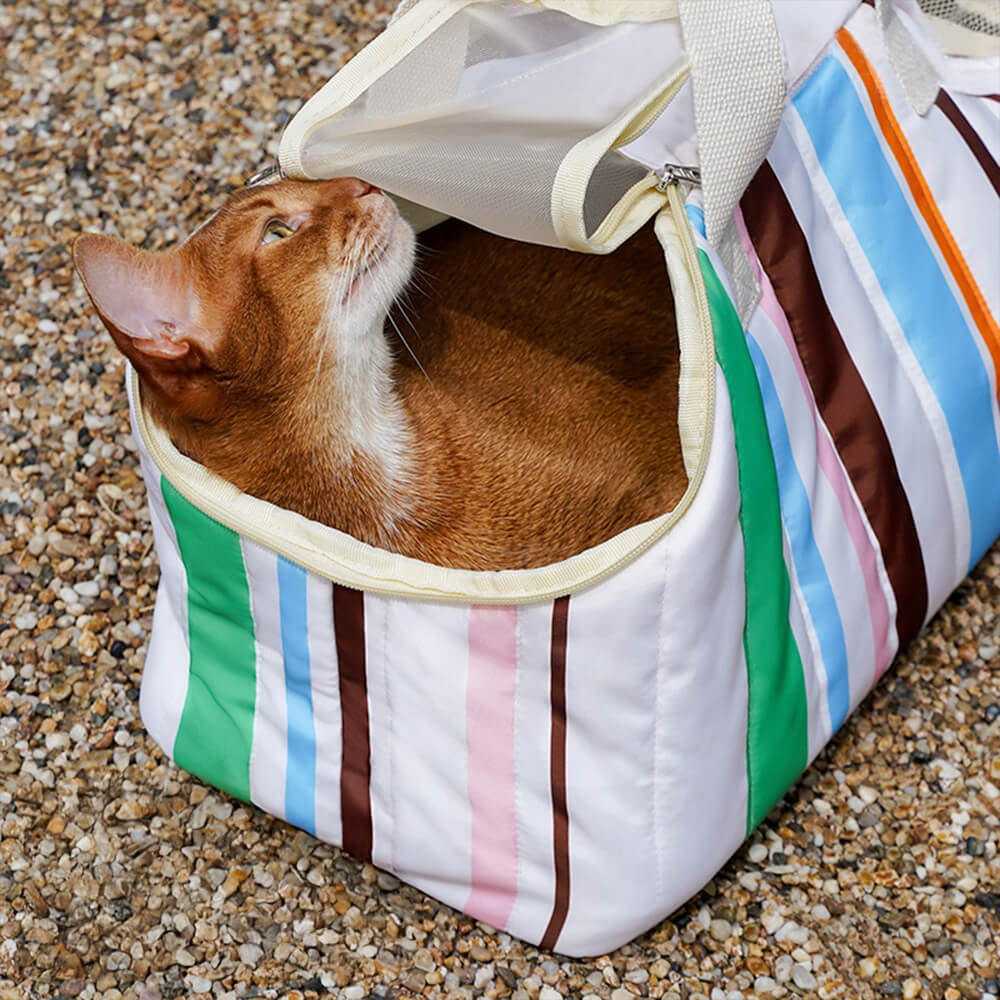 Sac de transport portable à rayures élégant pour chats et maîtres