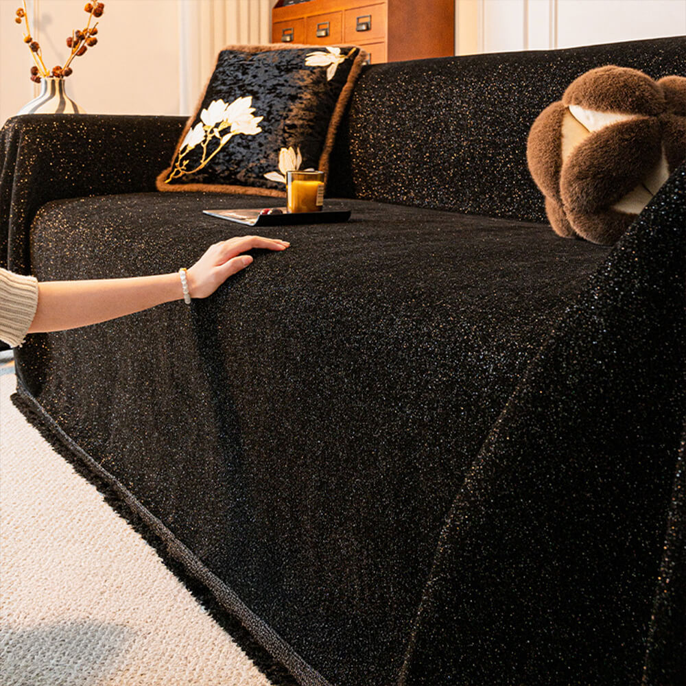 Housse de canapé en chenille motif étoilé pailleté avec franges décoratives