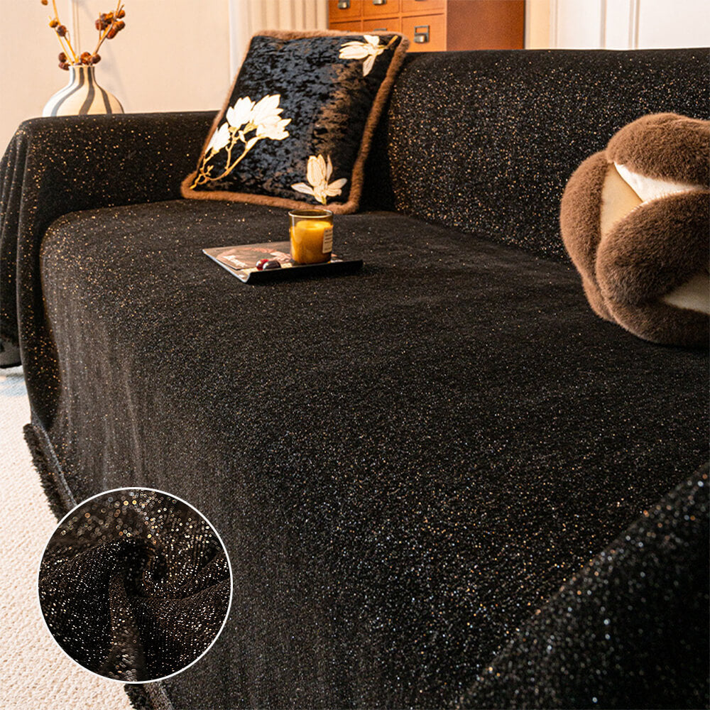 Housse de canapé en chenille motif étoilé pailleté avec franges décoratives