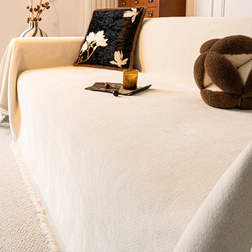 Housse de canapé en chenille motif étoilé pailleté avec franges décoratives