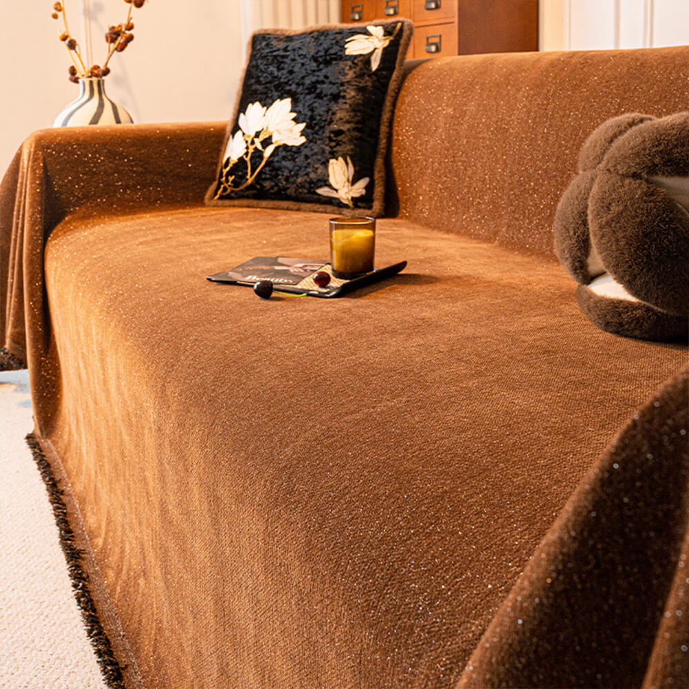 Housse de canapé en chenille motif étoilé pailleté avec franges décoratives