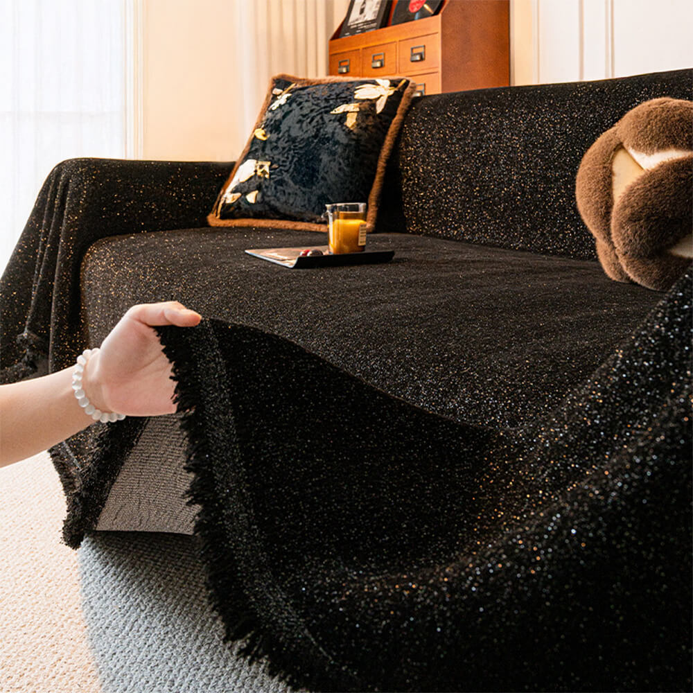 Housse de canapé en chenille motif étoilé pailleté avec franges décoratives