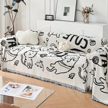 Housse de canapé réversible en chenille avec motif de chat mignon dessiné à la main