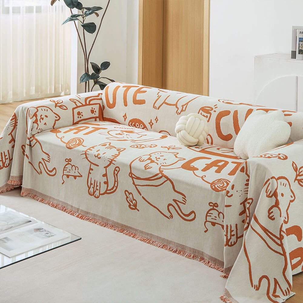 Housse de canapé réversible en chenille avec motif de chat mignon dessiné à la main