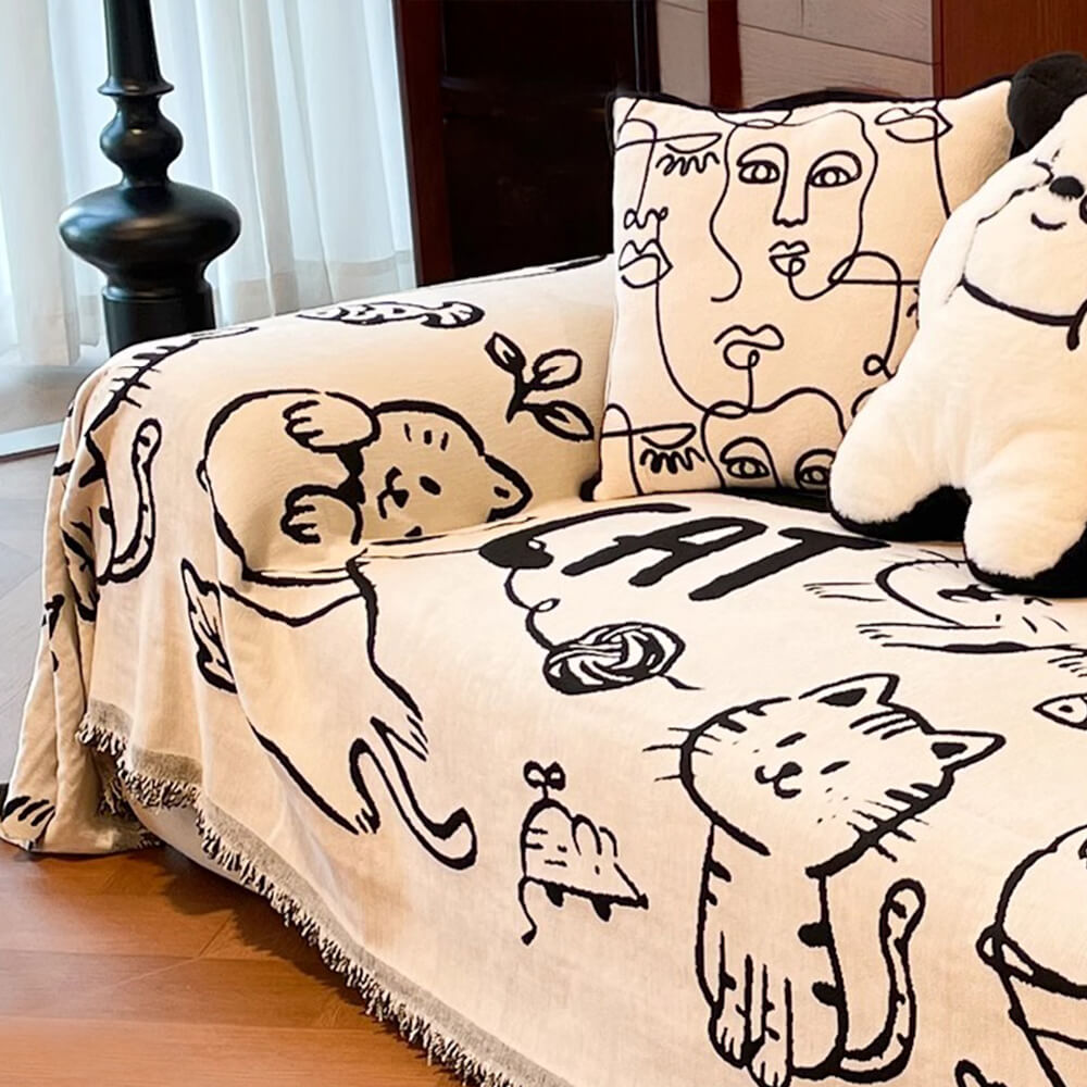 Housse de canapé réversible en chenille avec motif de chat mignon dessiné à la main