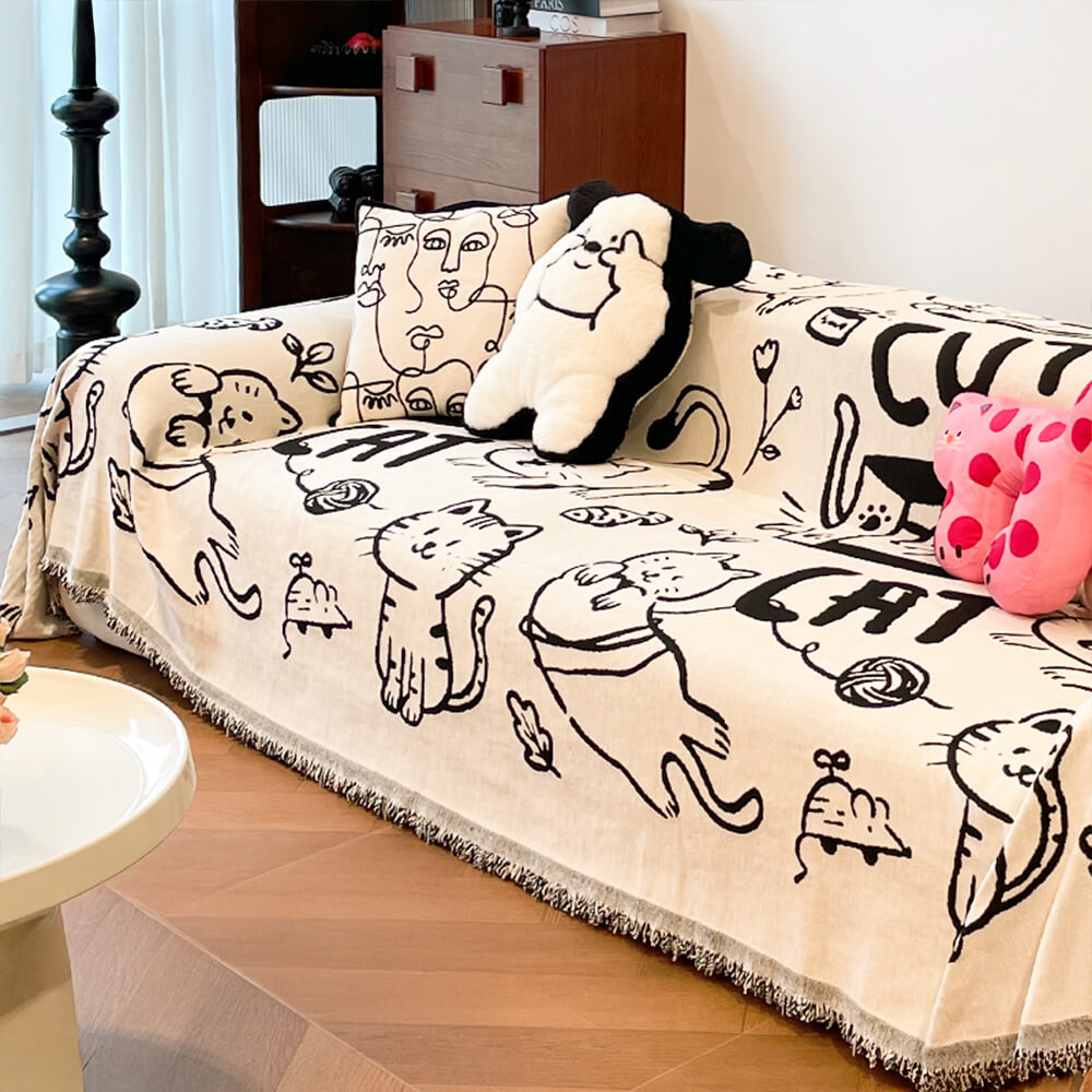 Housse de canapé réversible en chenille avec motif de chat mignon dessiné à la main