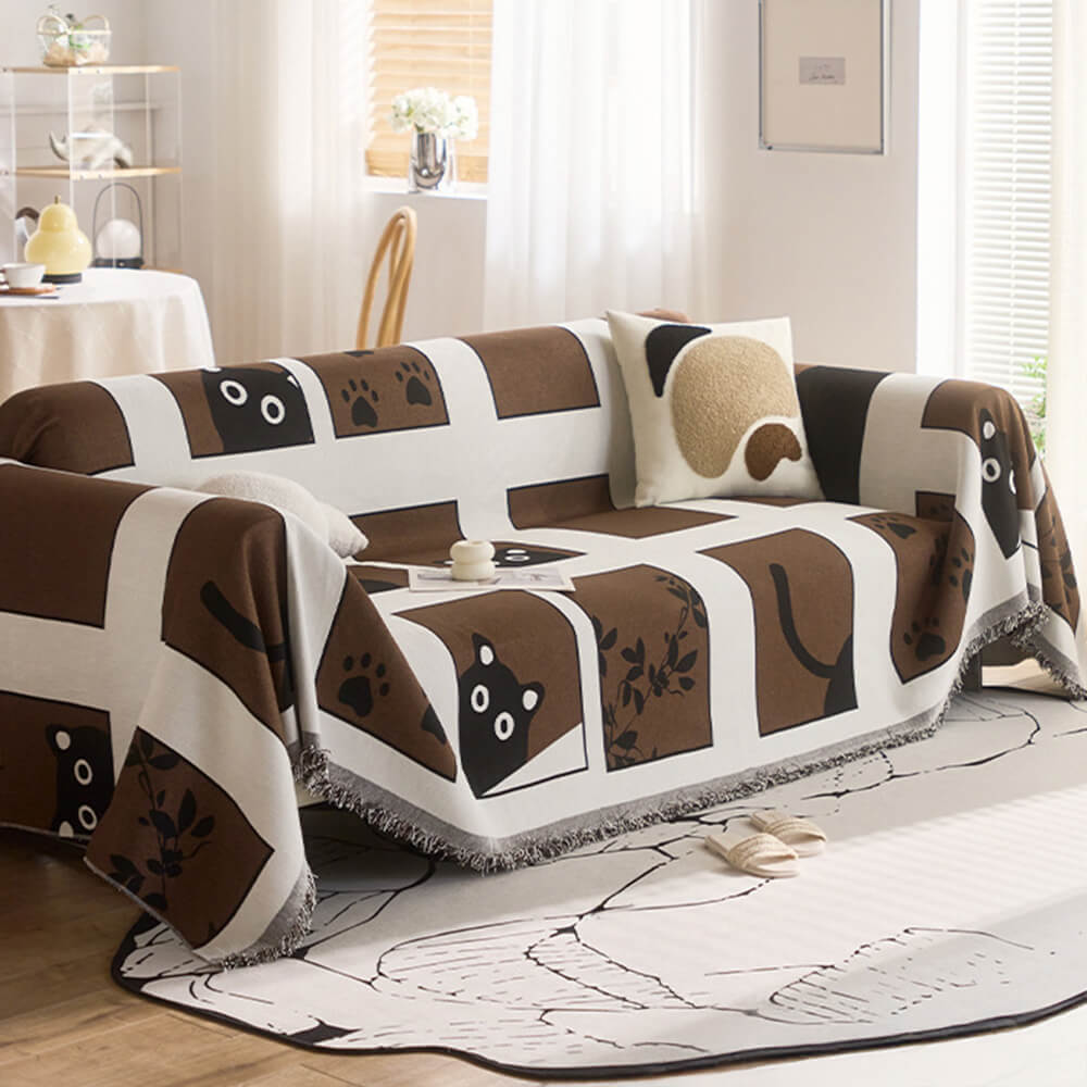 Housse de canapé réversible en chenille avec motif de chat mignon dessiné à la main