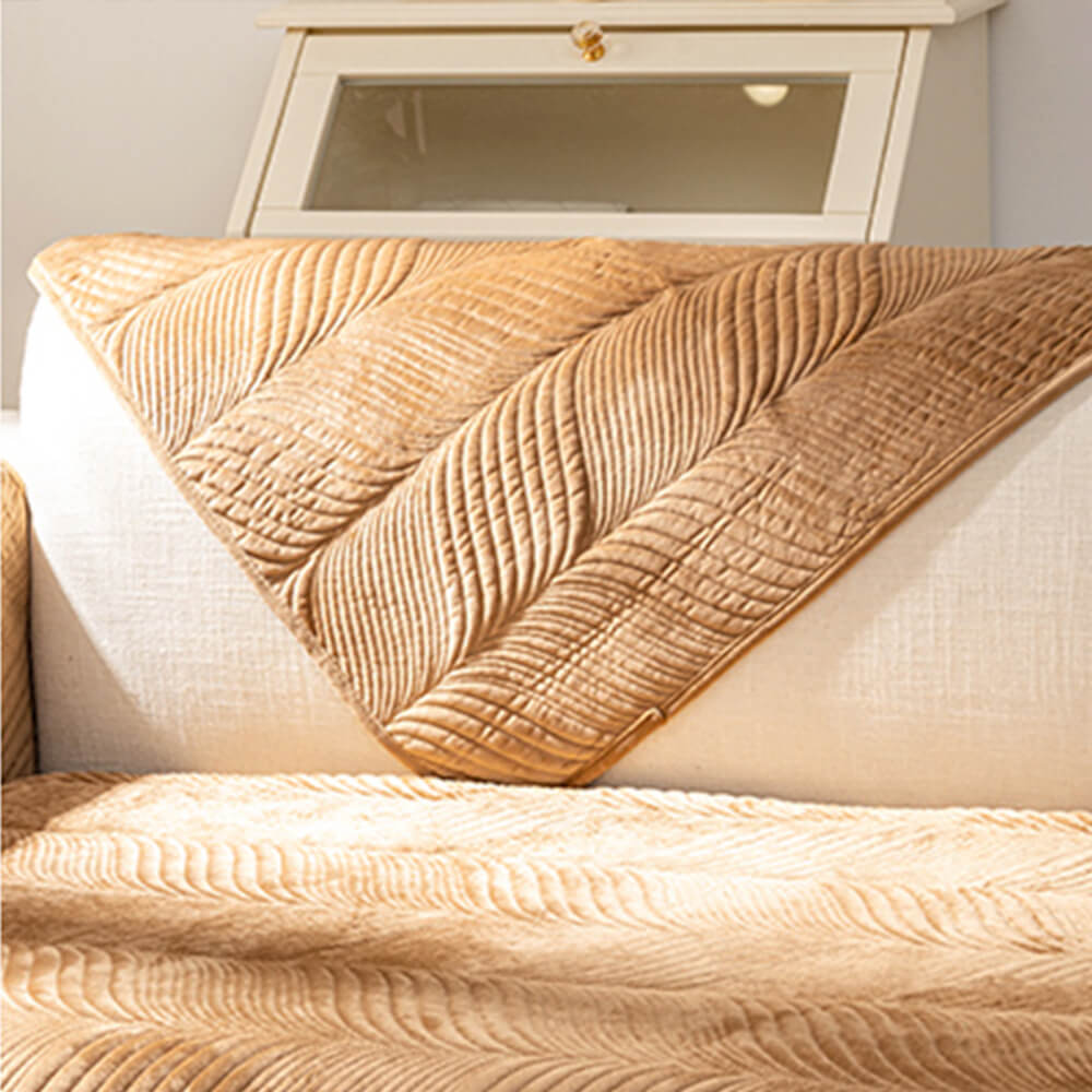 Housse de canapé antidérapante chaude en peluche motif feuilles