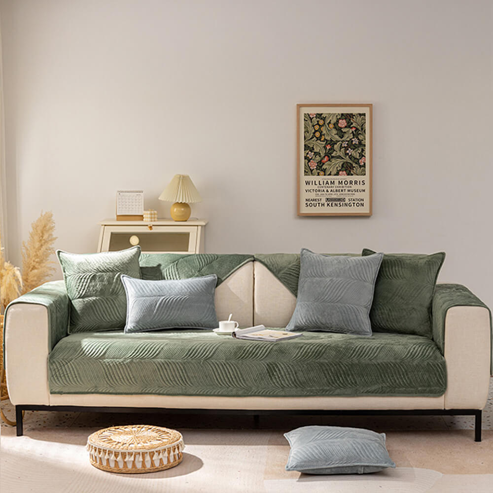 Housse de canapé antidérapante chaude en peluche motif feuilles
