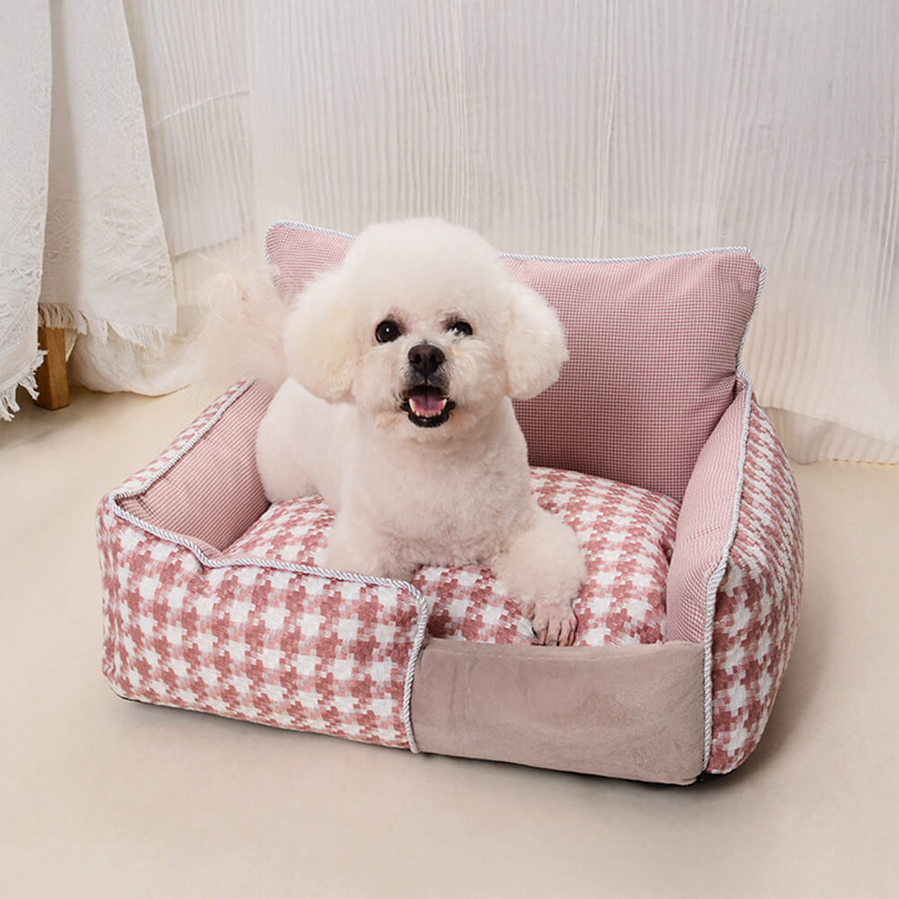 Sofa-lit pour chien et chat en coton-lin pied-de-poule de luxe tout confort toutes saisons
