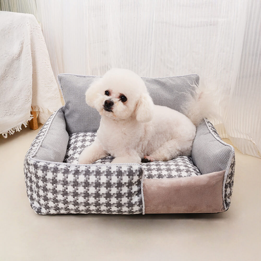Sofa-lit pour chien et chat en coton-lin pied-de-poule de luxe tout confort toutes saisons
