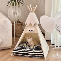 Tente semi-fermée rayée pour chiens et chats mignonne et amusante