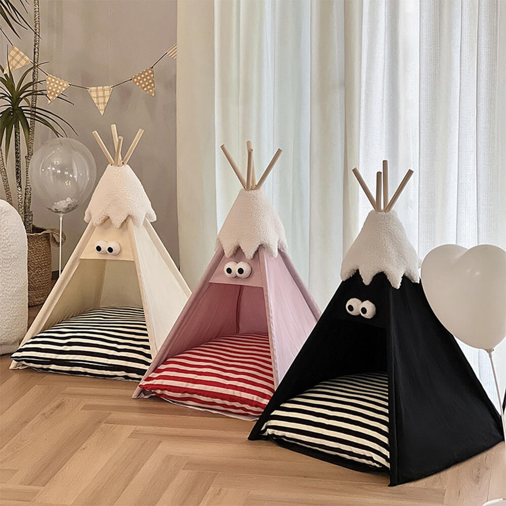 Tente semi-fermée rayée pour chiens et chats mignonne et amusante