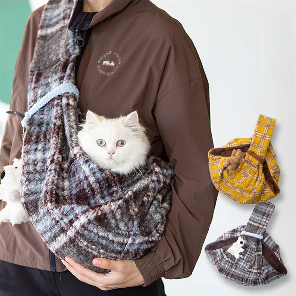 Sac de transport pour chien et chat à bandoulière avec poche sécurisée et confortable à carreaux