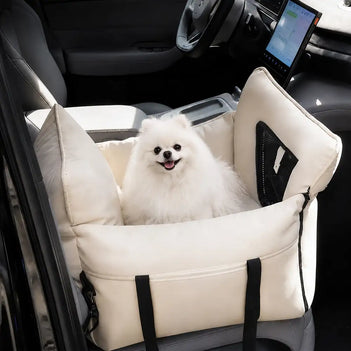 Litière pour chien en faux cuir étanche et extensible avec fenêtre en maille visible.