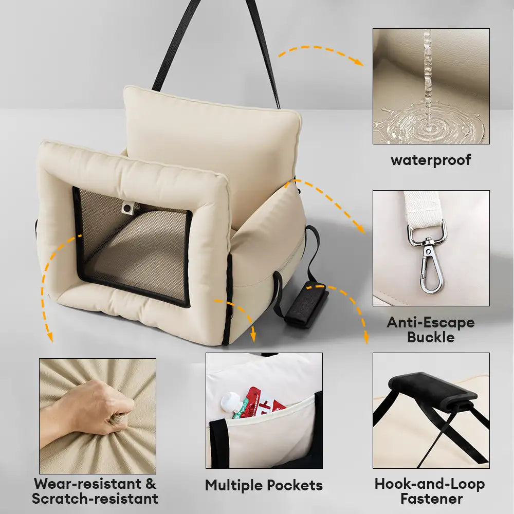 Litière pour chien en faux cuir étanche et extensible avec fenêtre en maille visible.