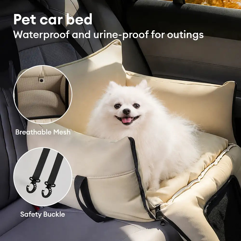 Litière pour chien en faux cuir étanche et extensible avec fenêtre en maille visible.