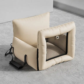 Litière pour chien en faux cuir étanche et extensible avec fenêtre en maille visible.