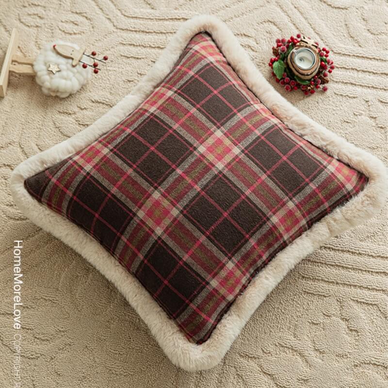 Coussin de canapé en fausse peluche de lapin à motif damier