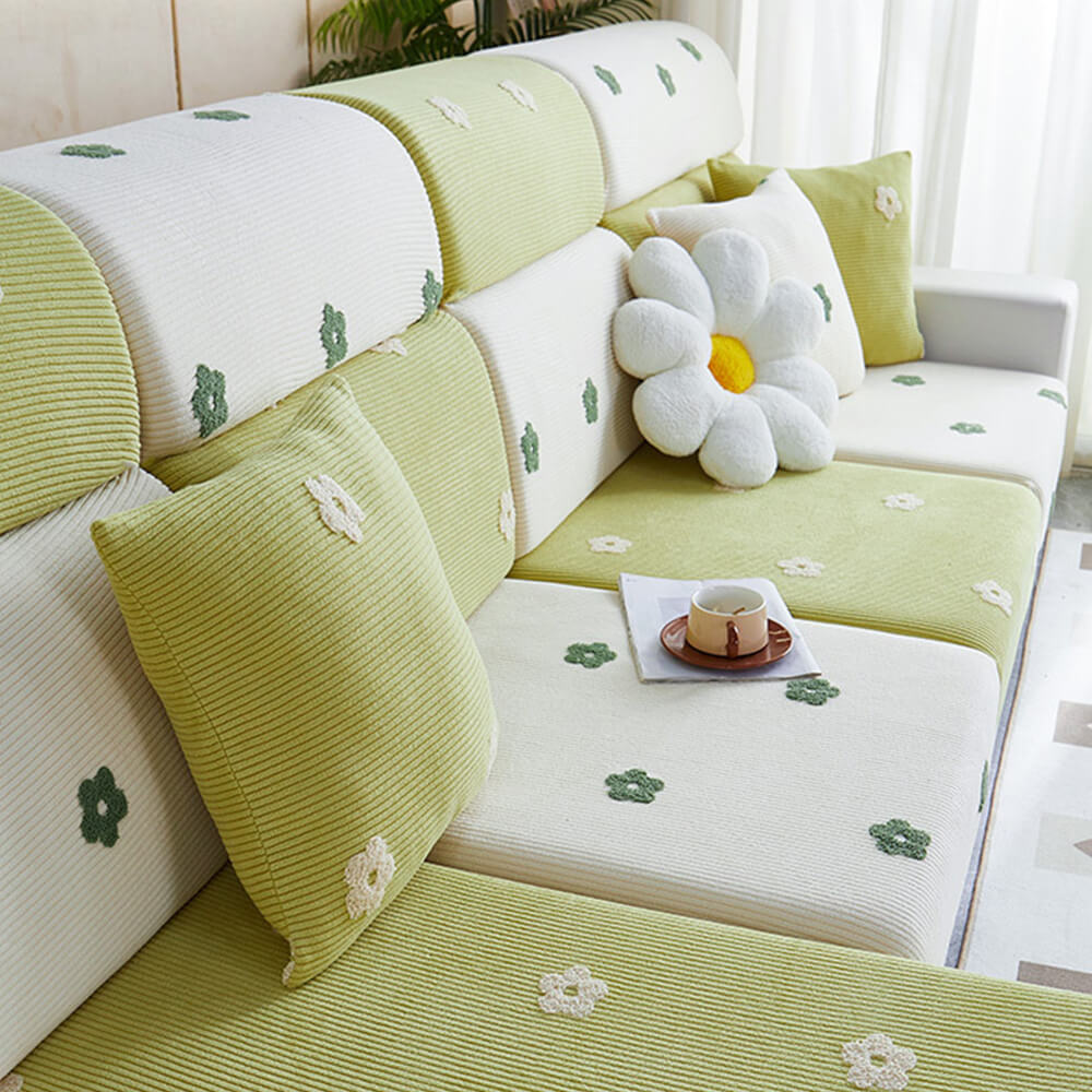 Housse de canapé en molleton extensible brodé fleurs protection anti rayures