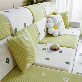 Housse de canapé en molleton extensible brodé fleurs protection anti rayures