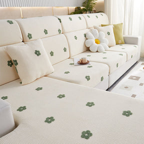 Housse de canapé en molleton extensible brodé fleurs protection anti rayures