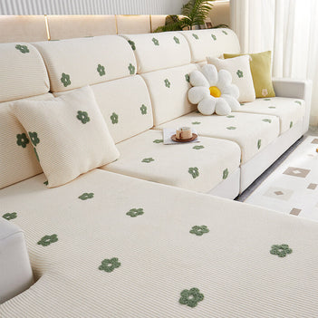 Housse de canapé d'angle en molleton extensible brodé fleurs protection anti rayures