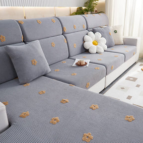 Housse de canapé en molleton extensible brodé fleurs protection anti rayures