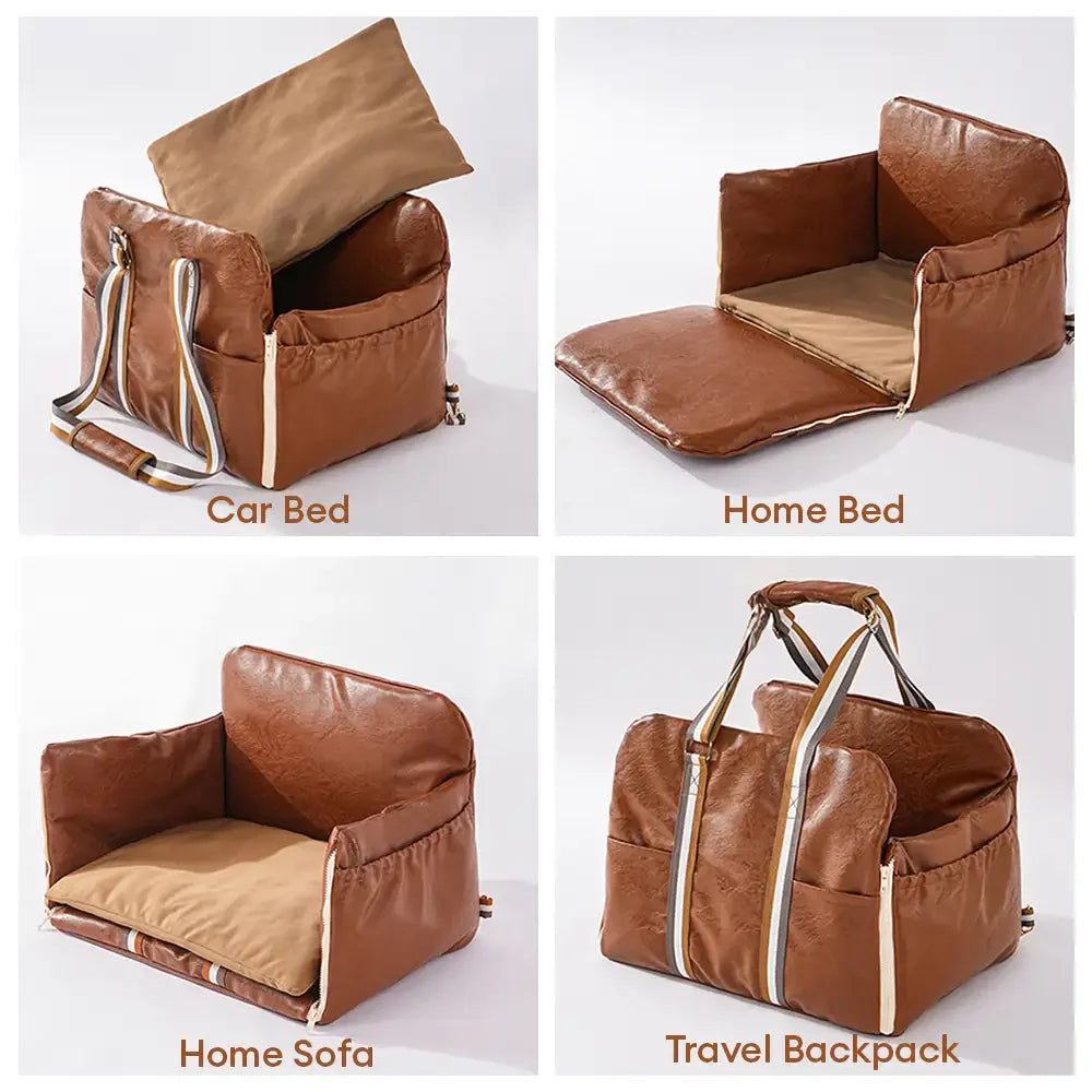 Siège pour animaux de compagnie et transporter de voiture en cuir artificiel deluxe, console centrale de sécurité 3-en-1.