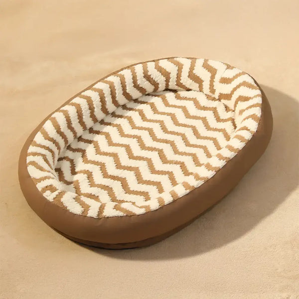 Coussin pour chien en faux cuir avec motif de vagues géométriques, chauffant, amovible et lavable