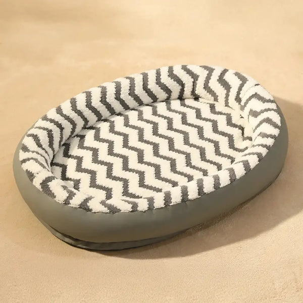 Coussin pour chien en faux cuir avec motif de vagues géométriques, chauffant, amovible et lavable
