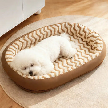Coussin pour chien en faux cuir avec motif de vagues géométriques, chauffant, amovible et lavable