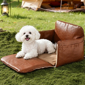 Siège pour animaux de compagnie et transporter de voiture en cuir artificiel deluxe, console centrale de sécurité 3-en-1.