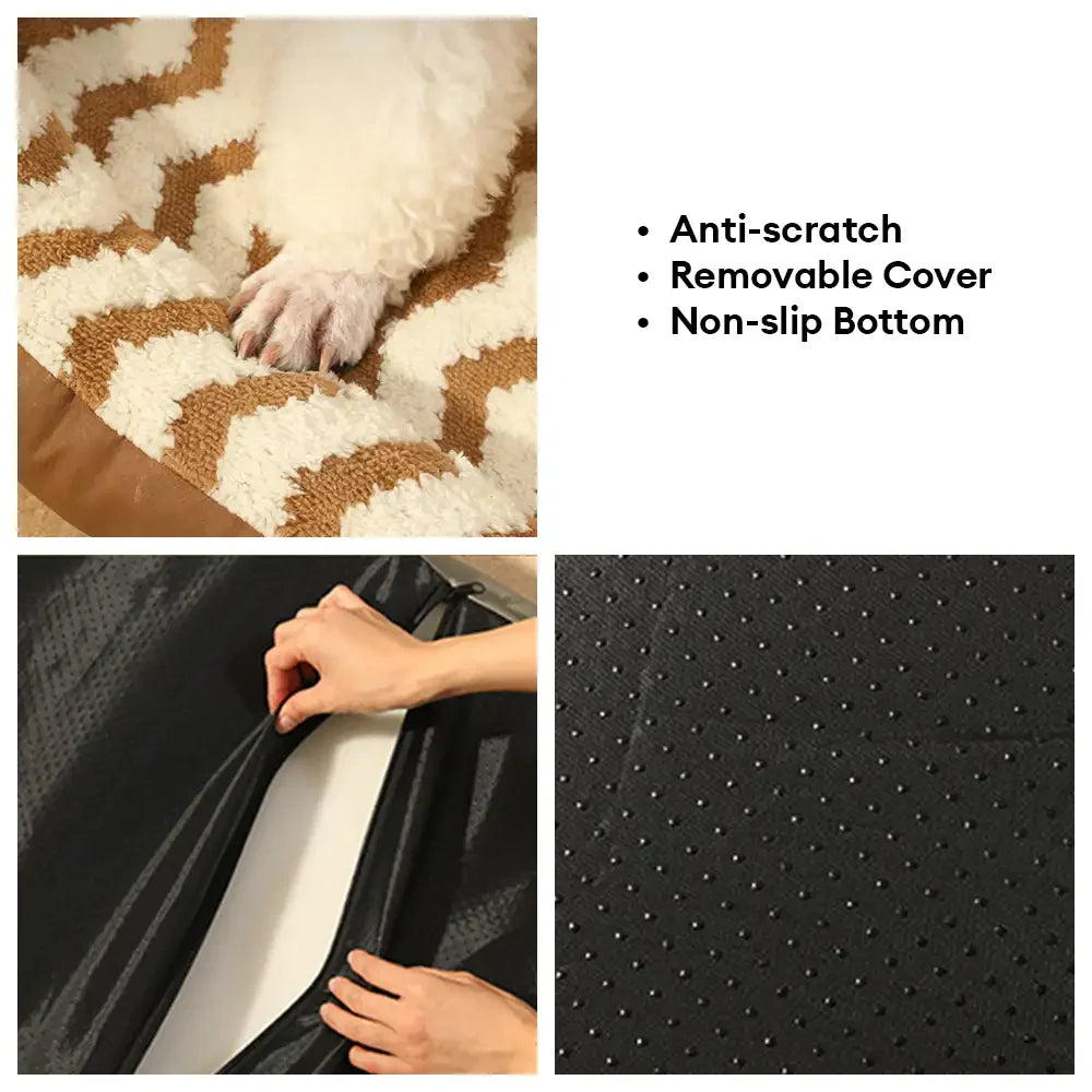 Coussin pour chien en faux cuir avec motif de vagues géométriques, chauffant, amovible et lavable