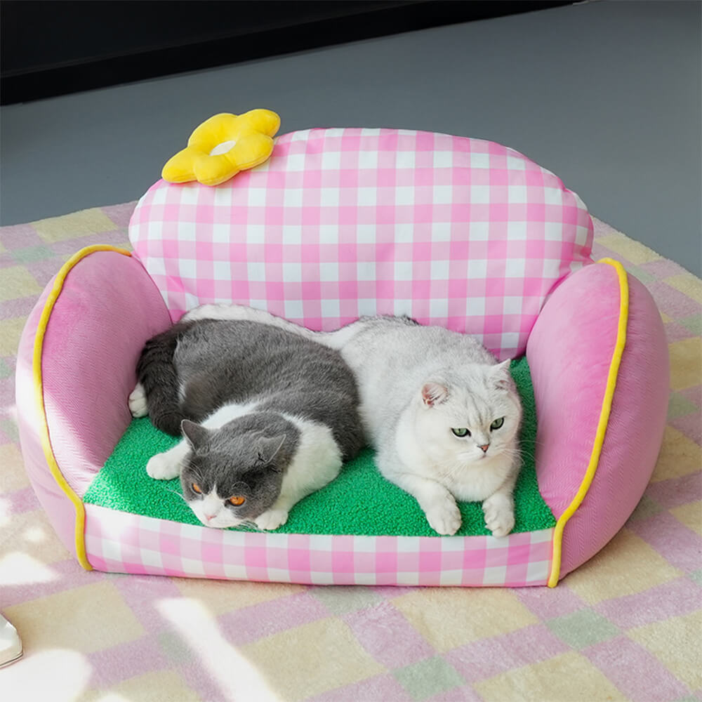 Canapé lit pour chien et chat motif à carreaux roses lavable et confortable