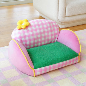 Canapé lit pour chien et chat motif à carreaux roses lavable et confortable