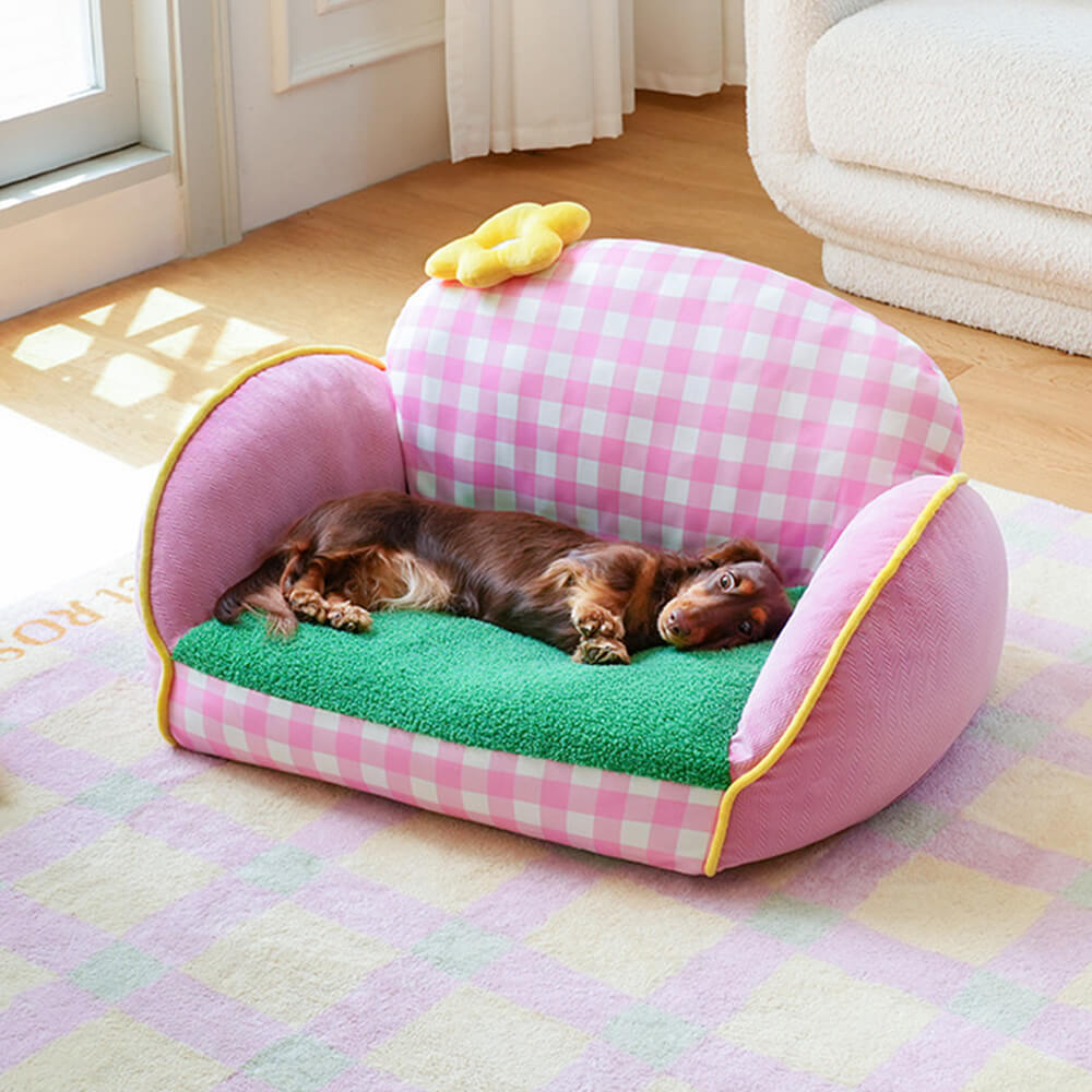 Canapé lit pour chien et chat motif à carreaux roses lavable et confortable