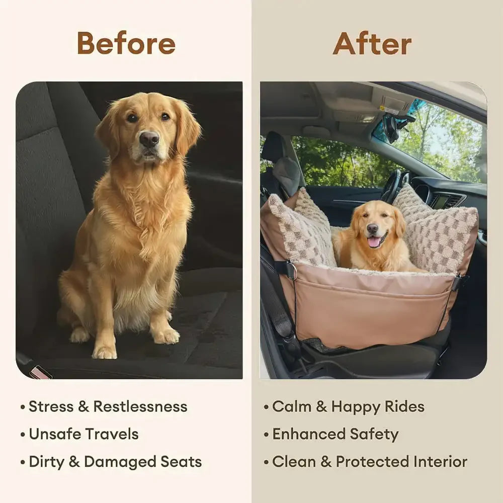 Siège pour animal de compagnie et transporteur 2-en-1 en simili cuir à motif damier avec console de sécurité au centre.