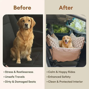 Siège pour animal de compagnie et transporteur 2-en-1 en simili cuir à motif damier avec console de sécurité au centre.