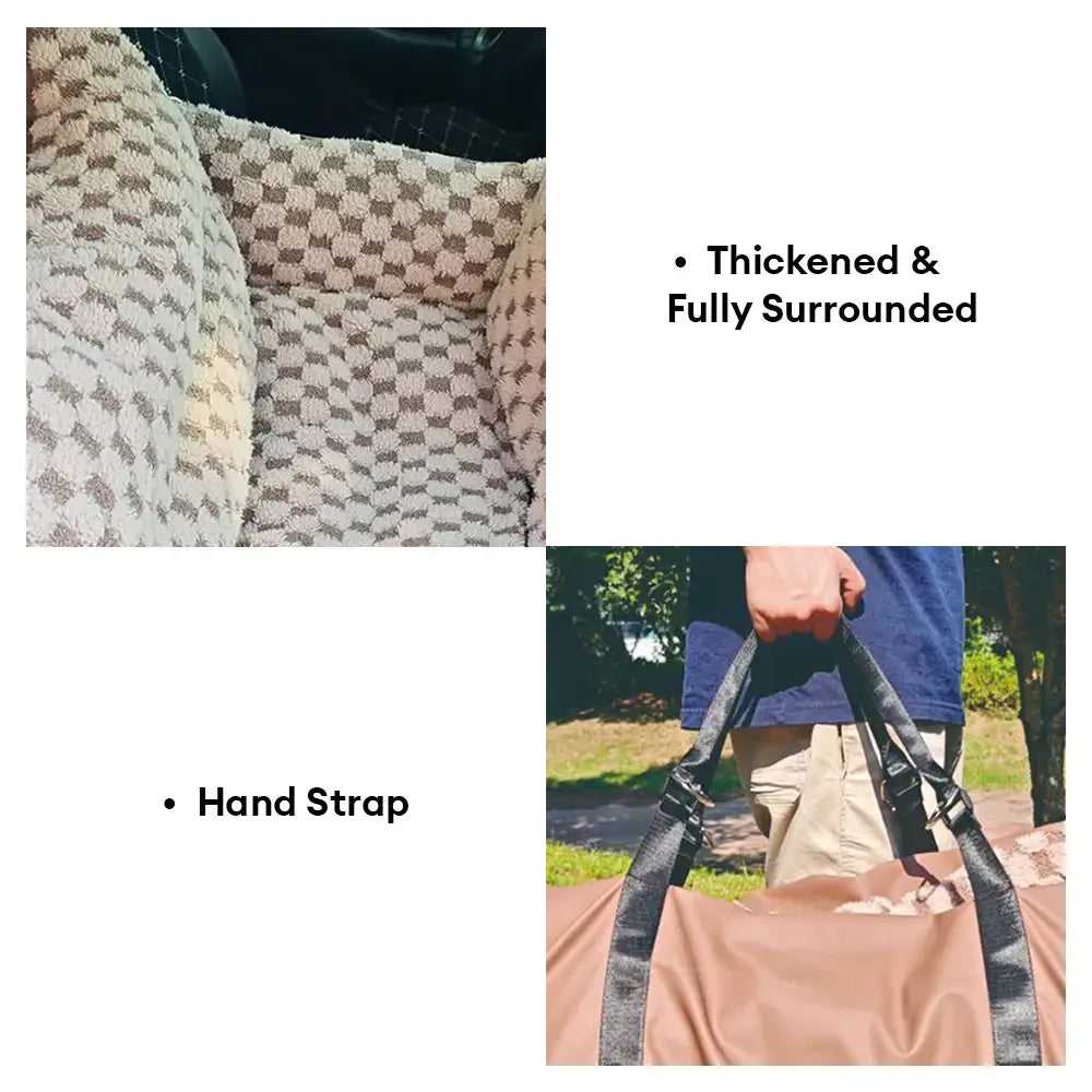 Siège pour animal de compagnie et transporteur 2-en-1 en simili cuir à motif damier avec console de sécurité au centre.