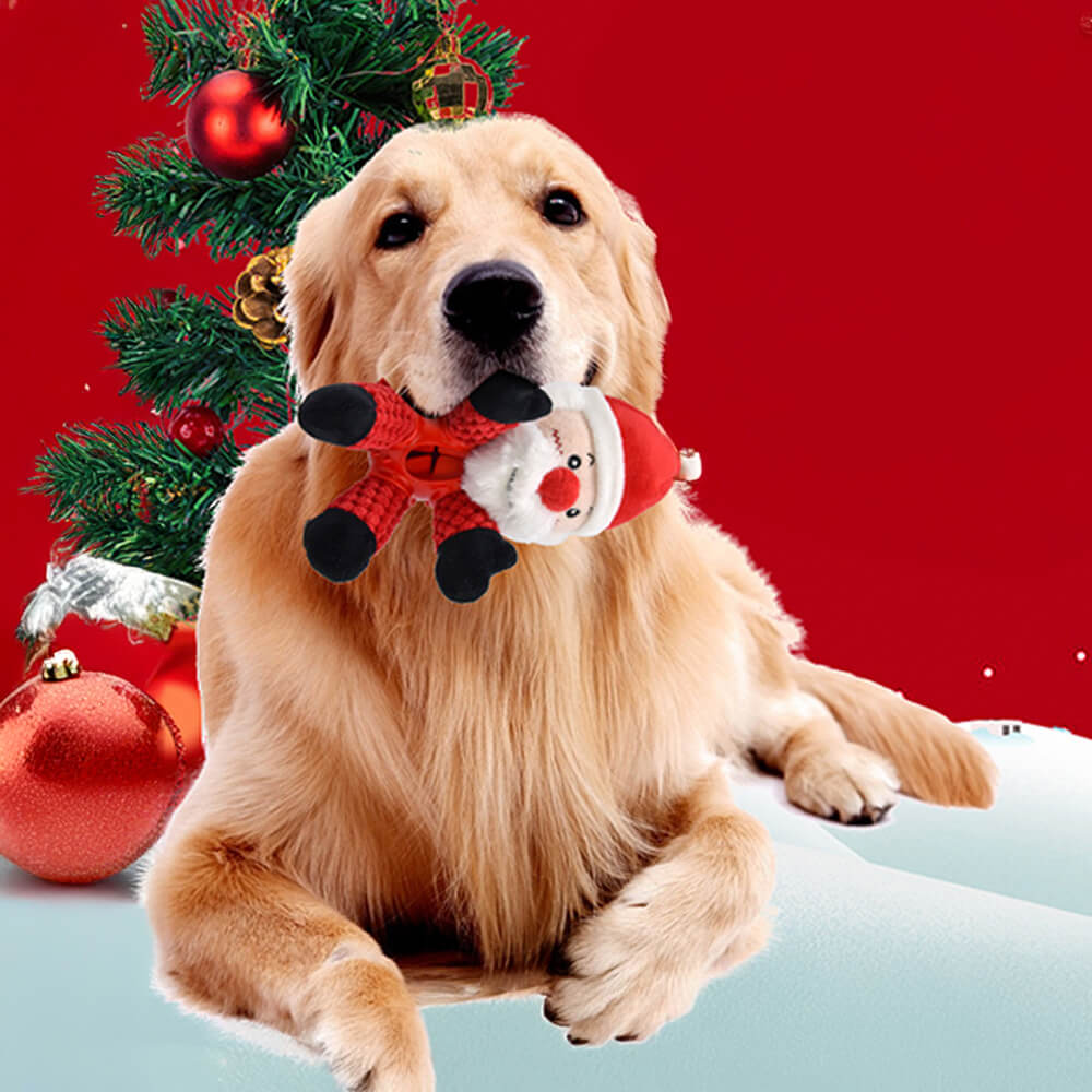 Jouet interactif couineur en caoutchouc pour chien en forme de poupée de Noël à alimentation lente