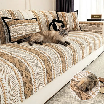 Housse de canapé antidérapante en chenille à rayures bloc de couleur - Convient à toutes les saisons